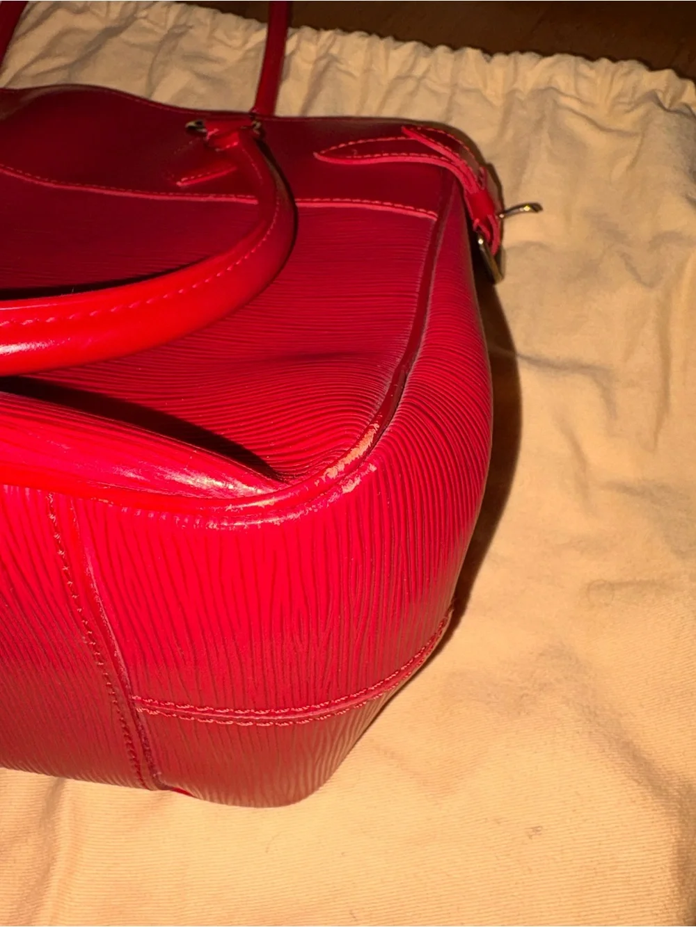 Louis Vuitton Red Epi Passy Bag Tote with Dual Top Handles, And Silver Accents